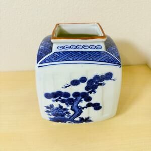 Vtg Blue White Porcelain Square Vase Planter Four Gentlemen Pine Bamboo Plum